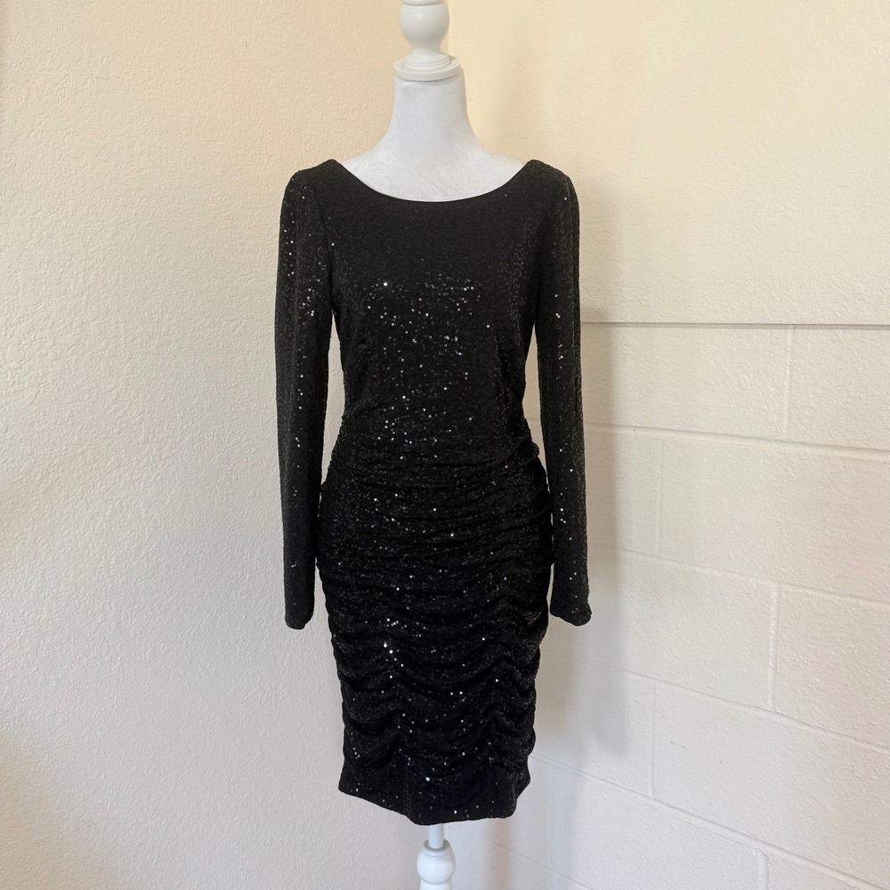 Cache Sequin Bodycon Dress Womens 10 Black‎ Ruched Long Sleeve V-Back Glam Y2K